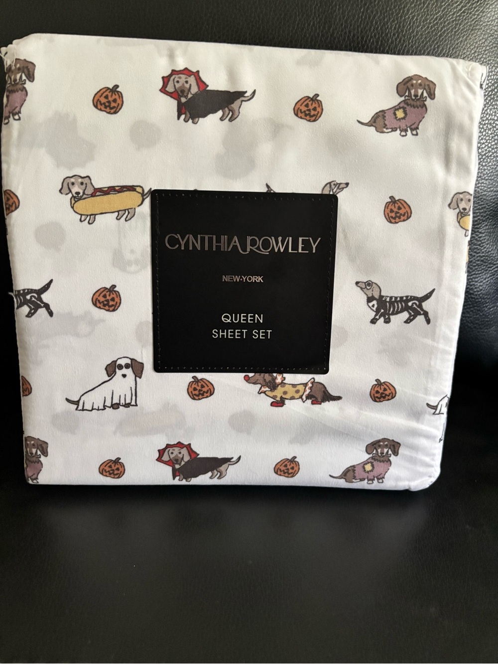 Cynthia Rowley White Sheet Set with Multi-Color Dachshund & Pumpkin Print